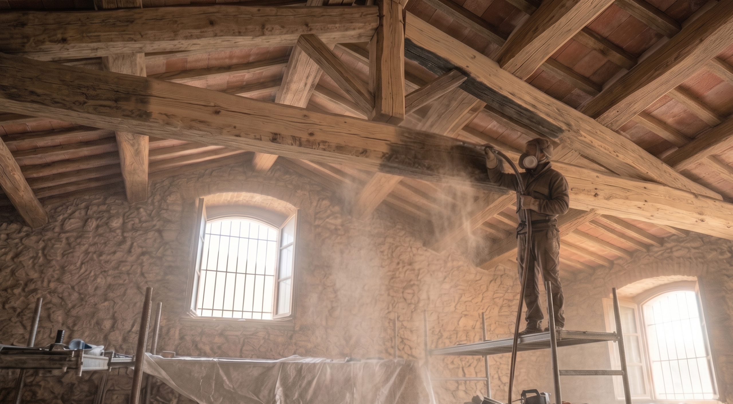 Sabbiatura travi legno casale Umbria